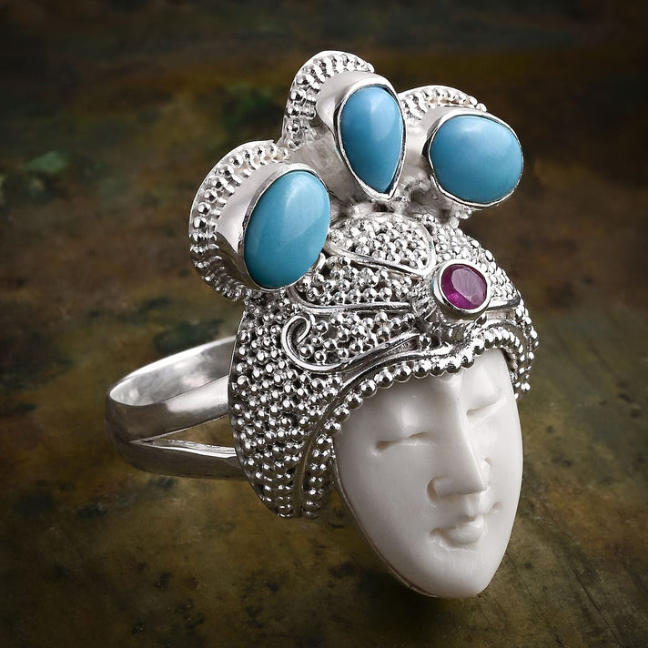 Royal Princess Bali Collection - Ox Bone, Fissure Filled Ruby &amp; Turquoise Ring in Sterling Silver 8.27 Ct, Silver Wt. 11.00 Gms 8261871 2