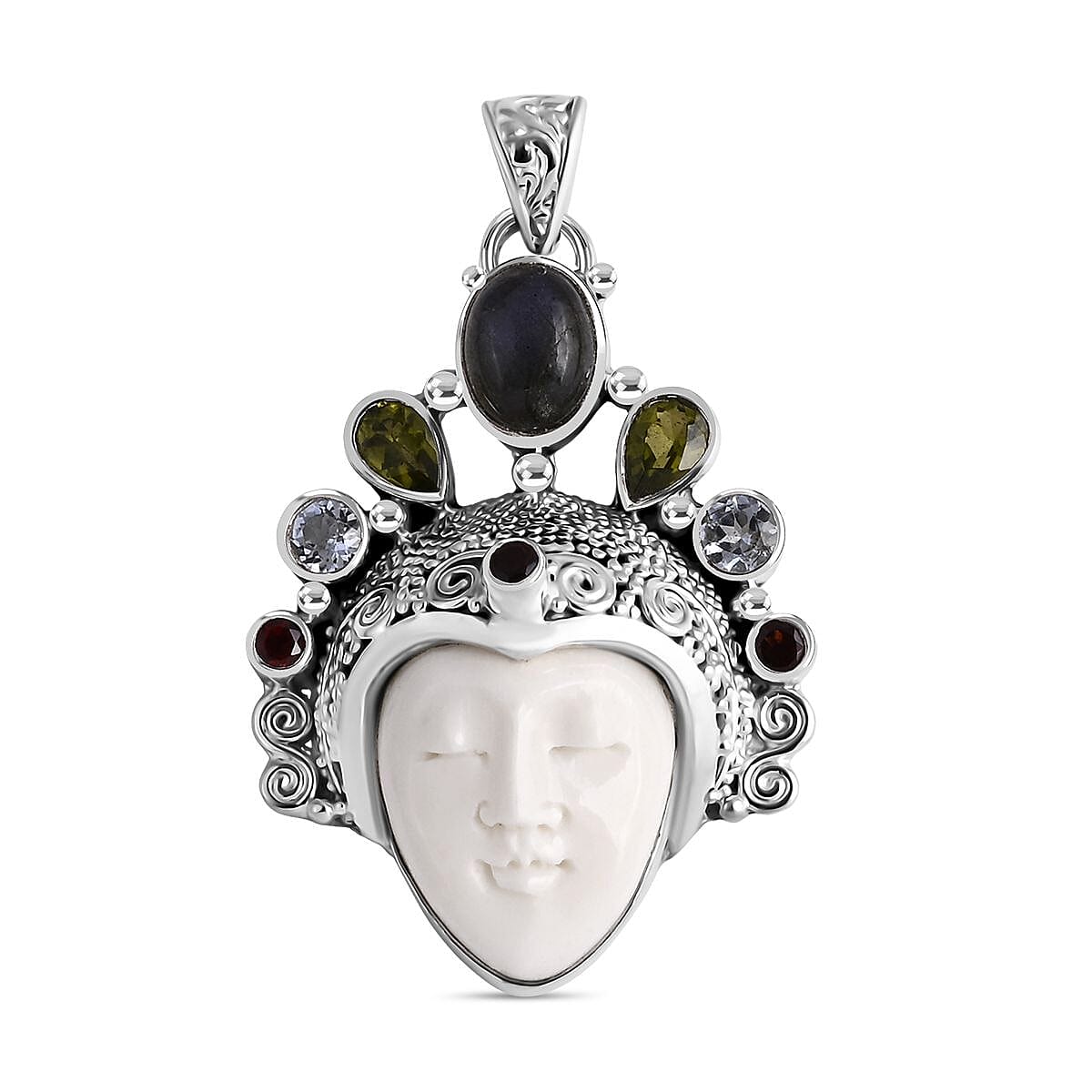 Bali Legacy - D'Joy Ox Bone &amp; Multi Gemstones Pendant Sterling Silver 12.44 Ct, Silver Wt. 13.36 Gms. 8261424 0