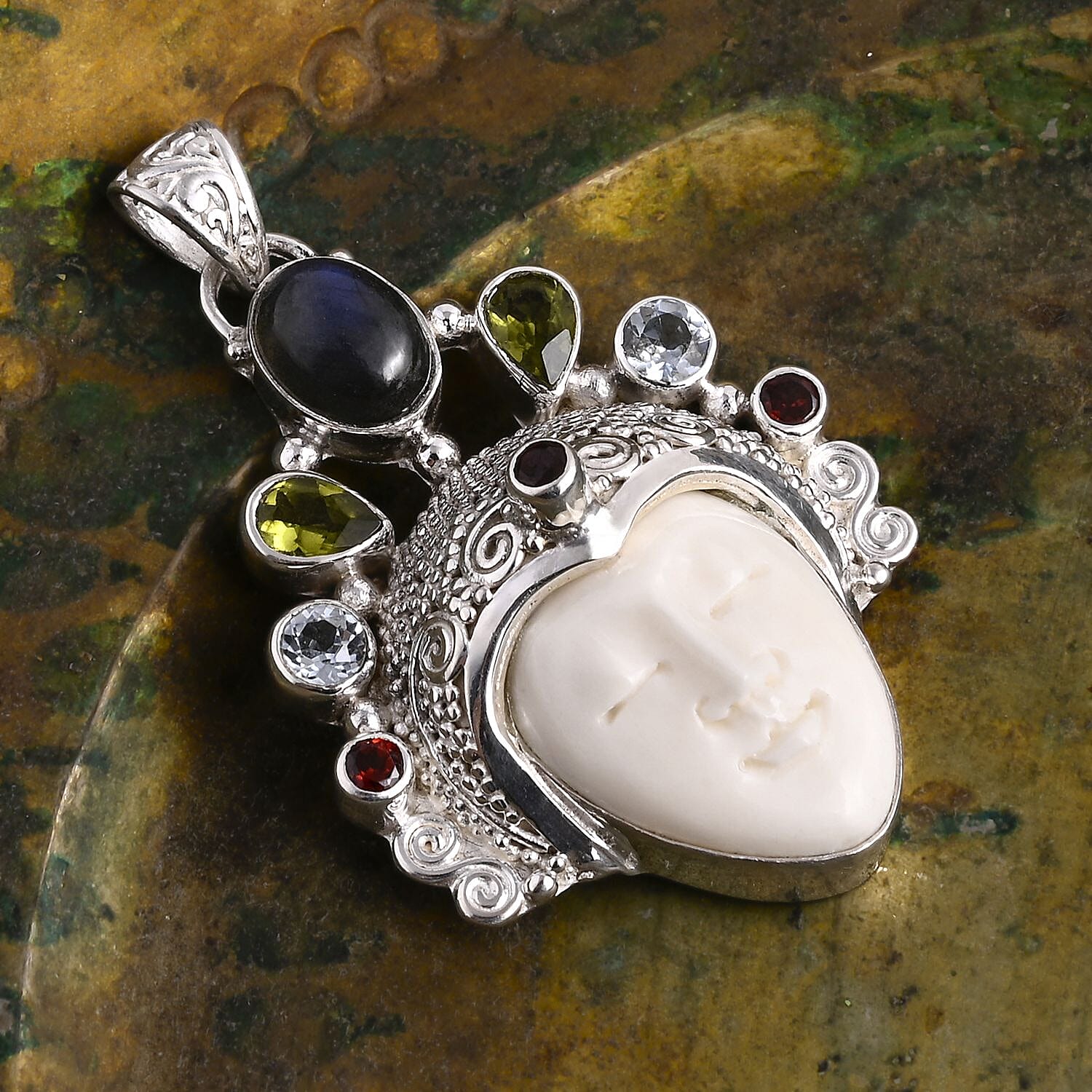 Bali Legacy - D'Joy Ox Bone &amp; Multi Gemstones Pendant Sterling Silver 12.44 Ct, Silver Wt. 13.36 Gms. 8261424 2