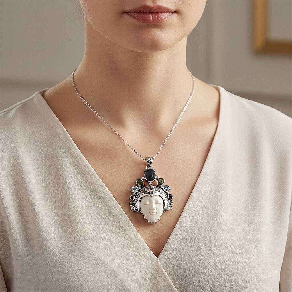 Bali Legacy - D'Joy Ox Bone &amp; Multi Gemstones Pendant Sterling Silver 12.44 Ct, Silver Wt. 13.36 Gms. 8261424 3