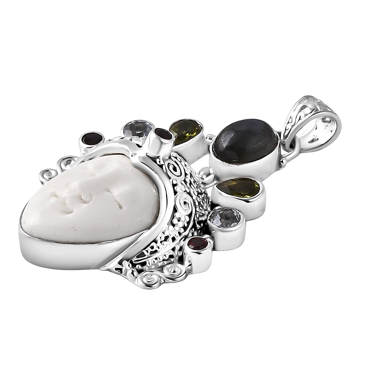 Bali Legacy - D'Joy Ox Bone &amp; Multi Gemstones Pendant Sterling Silver 12.44 Ct, Silver Wt. 13.36 Gms. 8261424 4