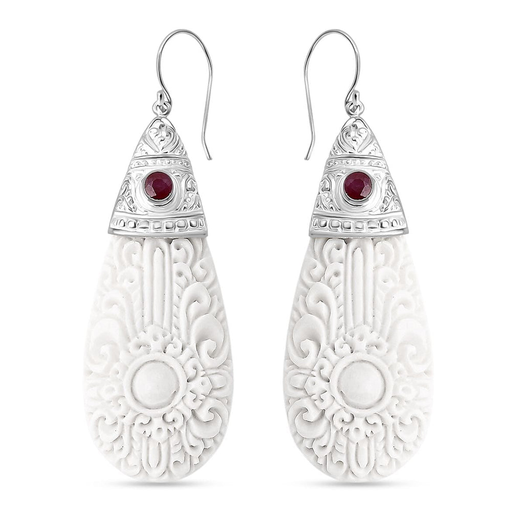 D'Joy Ox Bone & Ruby Earring with Hook Sterling Silver 51.03 Ct.