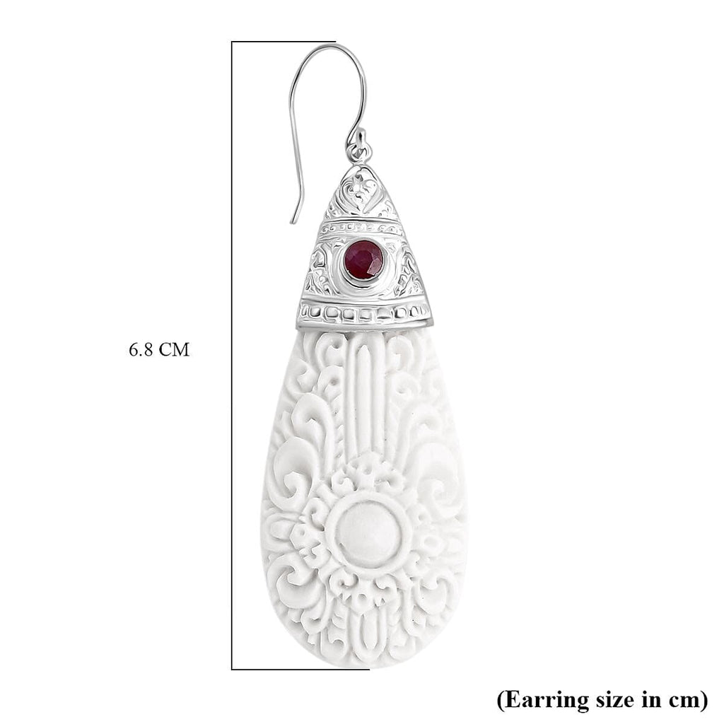 D'Joy Ox Bone & Ruby Earring with Hook Sterling Silver 51.03 Ct.