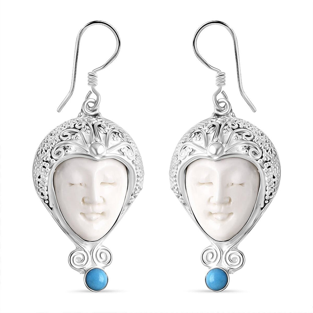 Princess Royal Bali Collection -  D'Joy Ox Bone & Sleeping Beauty Turquoise Earring with Hook Sterling Silver 12.12 Ct, Silver Wt. 16.35 Gms.