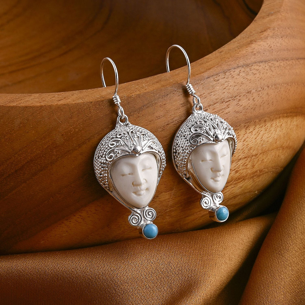 Princess - D'Joy Ox Bone &amp; Sleeping Beauty Turquoise Goddess Earring with Hook Sterling Silver 12.12 Ct, Silver Wt. 16.35 Gms. V32565616 1
