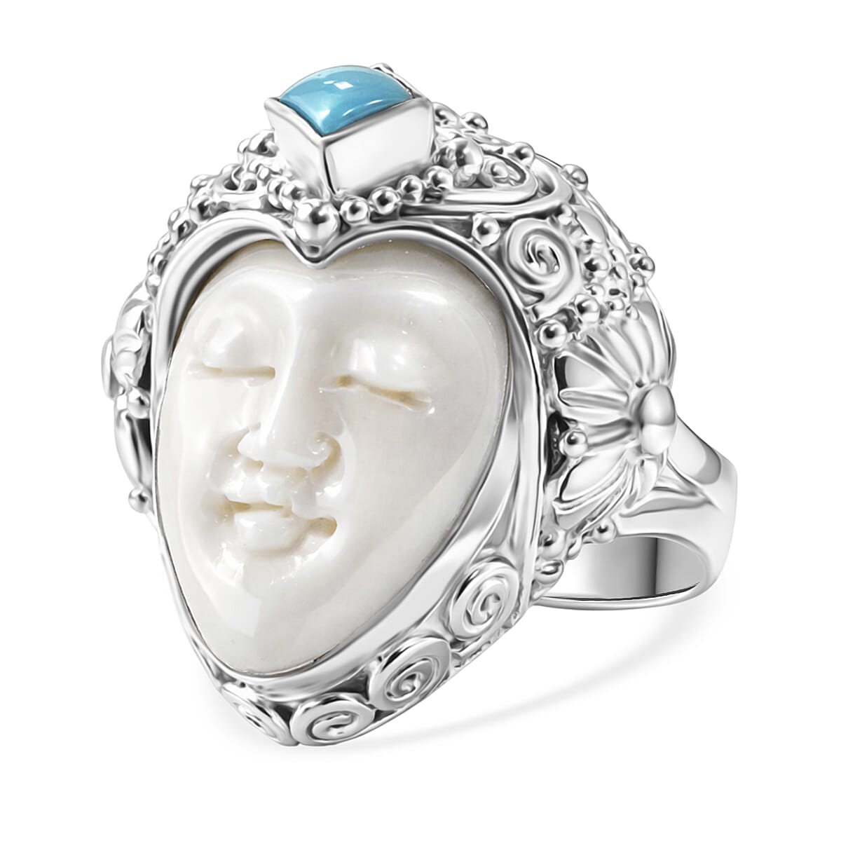 Royal Bali Collection - D'Joy Ox Bone & Sleeping Beauty Turquoise Sterling Silver Goddess Ring 1.48 Ct, Silver Wt. 12.24 Gms