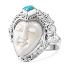 Royal Bali Collection - D'Joy Ox Bone & Sleeping Beauty Turquoise Sterling Silver Carved Face Ring 1.48 Ct, Silver Wt. 12.24 Gms
