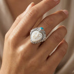 Royal Bali Collection - D'Joy Ox Bone & Sleeping Beauty Turquoise Sterling Silver Carved Face Ring 1.48 Ct, Silver Wt. 12.24 Gms