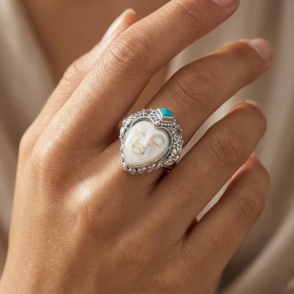 D'Joy Ox Bone &amp; Sleeping Beauty Turquoise Sterling Silver Goddess Ring 1.48 Ct, Silver Wt. 12.24 Gms 8514051 2