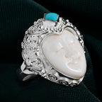 Royal Bali Collection - D'Joy Ox Bone & Sleeping Beauty Turquoise Sterling Silver Carved Face Ring 1.48 Ct, Silver Wt. 12.24 Gms