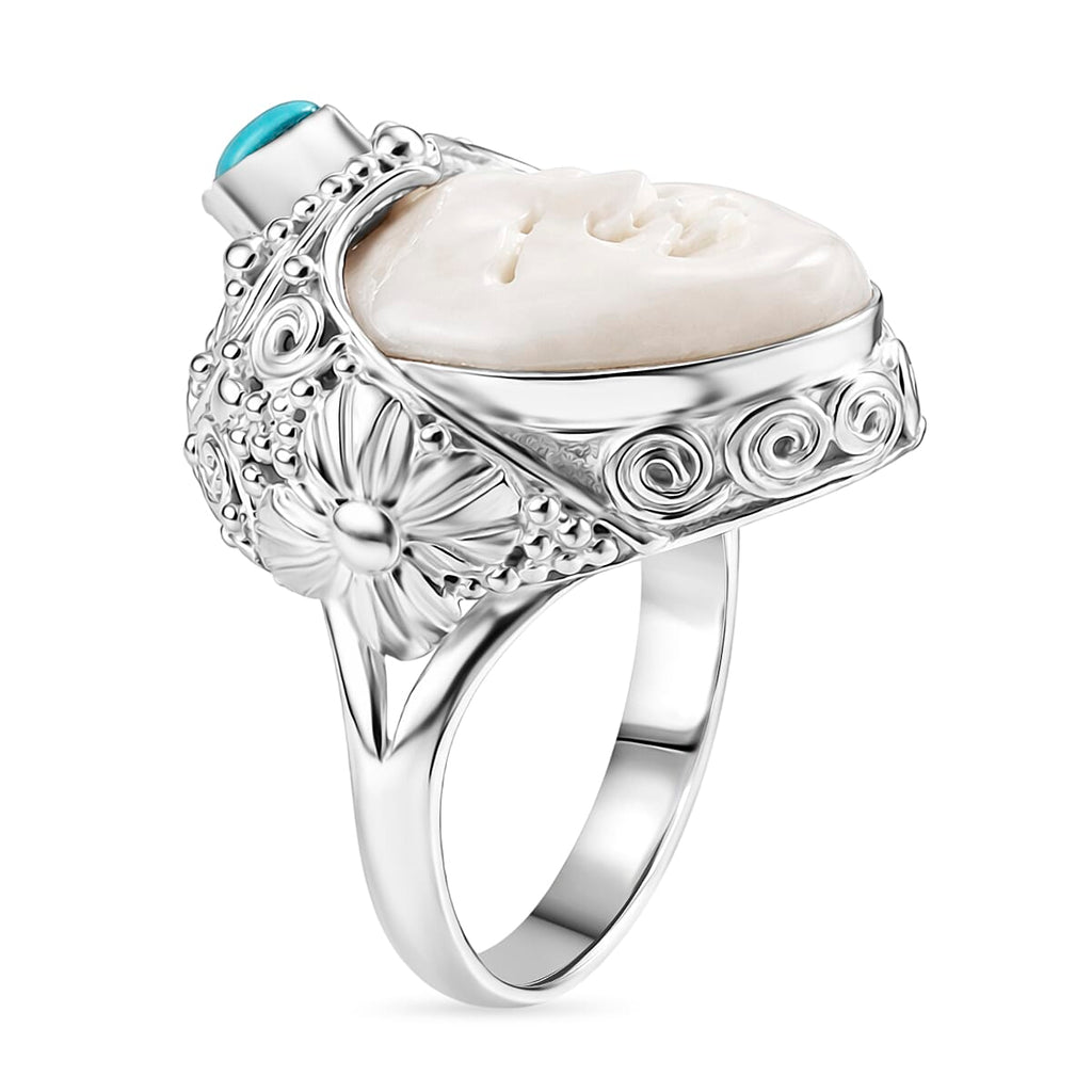 Royal Bali Collection - D'Joy Ox Bone & Sleeping Beauty Turquoise Sterling Silver Carved Face Ring 1.48 Ct, Silver Wt. 12.24 Gms