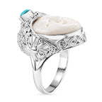 Royal Bali Collection - D'Joy Ox Bone & Sleeping Beauty Turquoise Sterling Silver Carved Face Ring 1.48 Ct, Silver Wt. 12.24 Gms