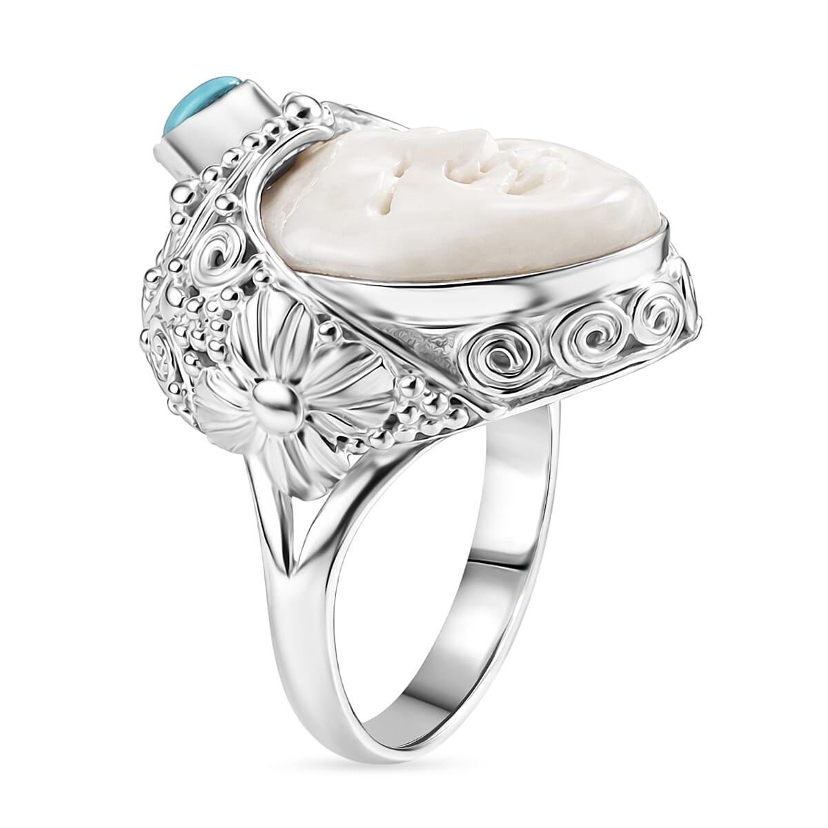 D'Joy Ox Bone &amp; Sleeping Beauty Turquoise Sterling Silver Goddess Ring 1.48 Ct, Silver Wt. 12.24 Gms 8514051 4