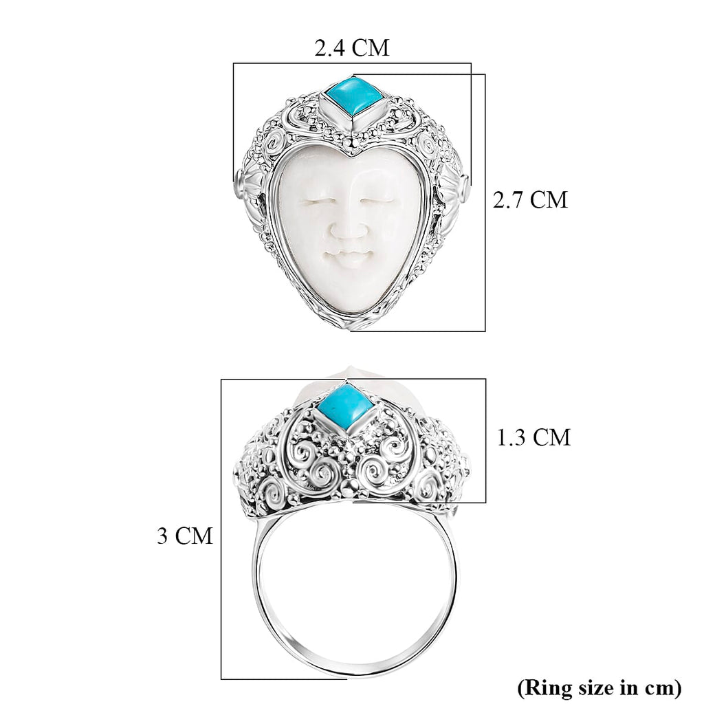 Royal Bali Collection - D'Joy Ox Bone & Sleeping Beauty Turquoise Sterling Silver Carved Face Ring 1.48 Ct, Silver Wt. 12.24 Gms