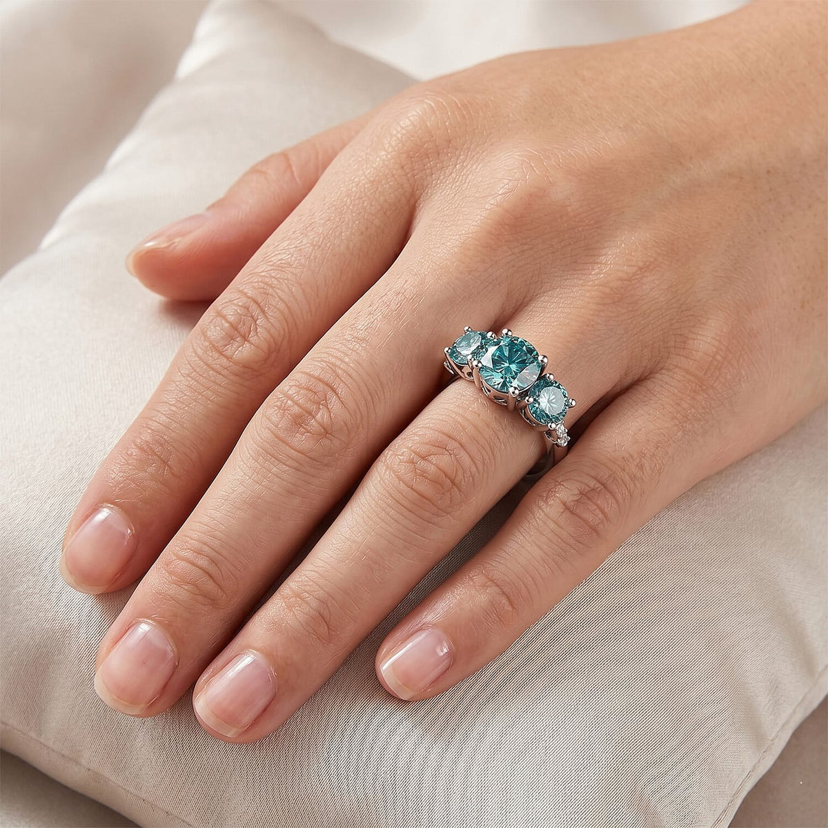 EVENT EXCLUSIVE - Paraiba Colour Moissanite Trilogy Ring in Rhodium Overlay Sterling Silver 4.00 Ct 8556244 4