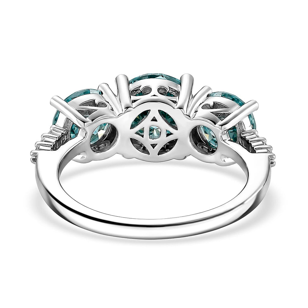 EVENT EXCLUSIVE - Paraiba Colour Moissanite Trilogy Ring in Rhodium Overlay Sterling Silver 4.00 Ct