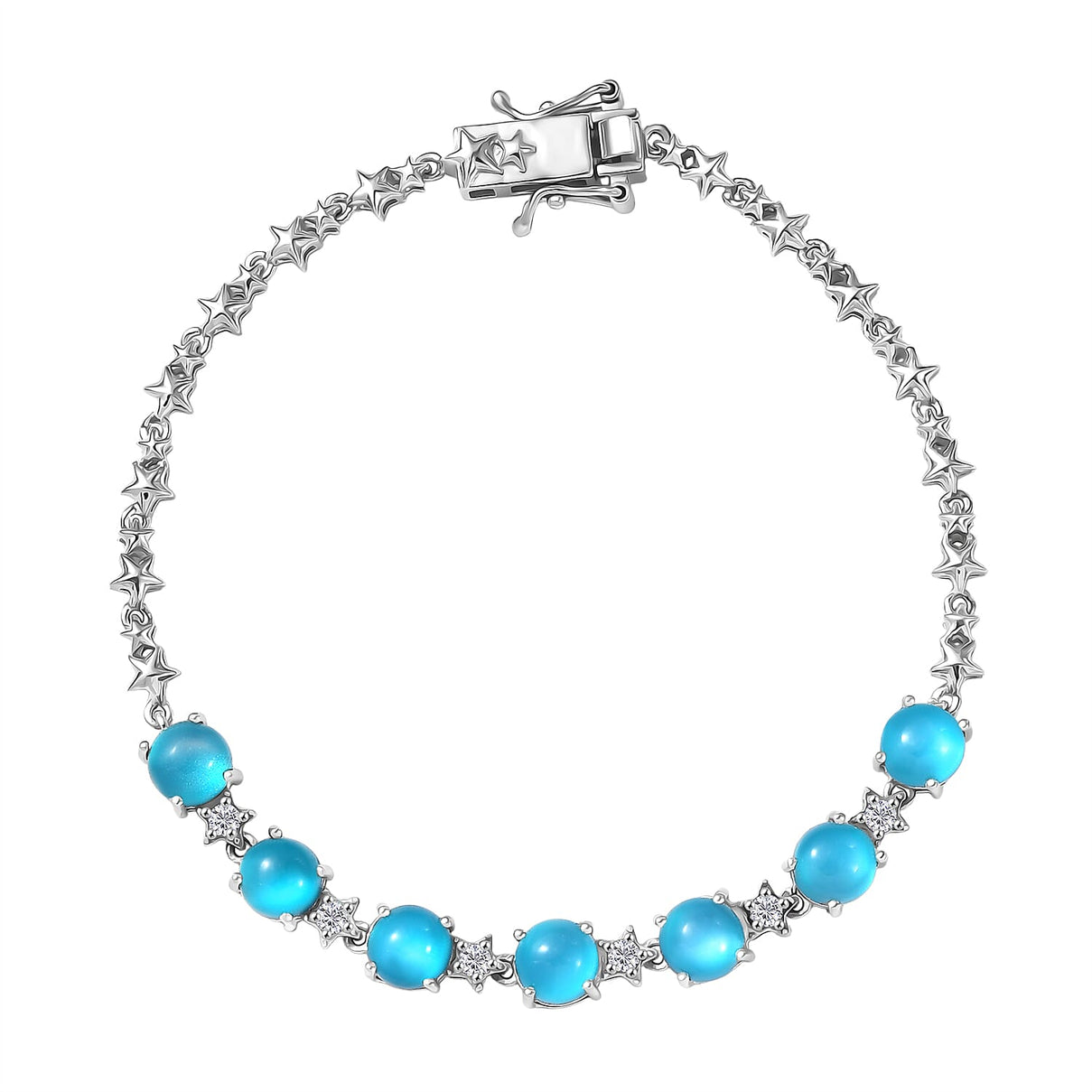 D'Joy Paraiba Moonstone, Natural Zircon Bracelet (Size 7.5) in Rhodium Overlay Sterling Silver 7.50 Ct. V32514901 0
