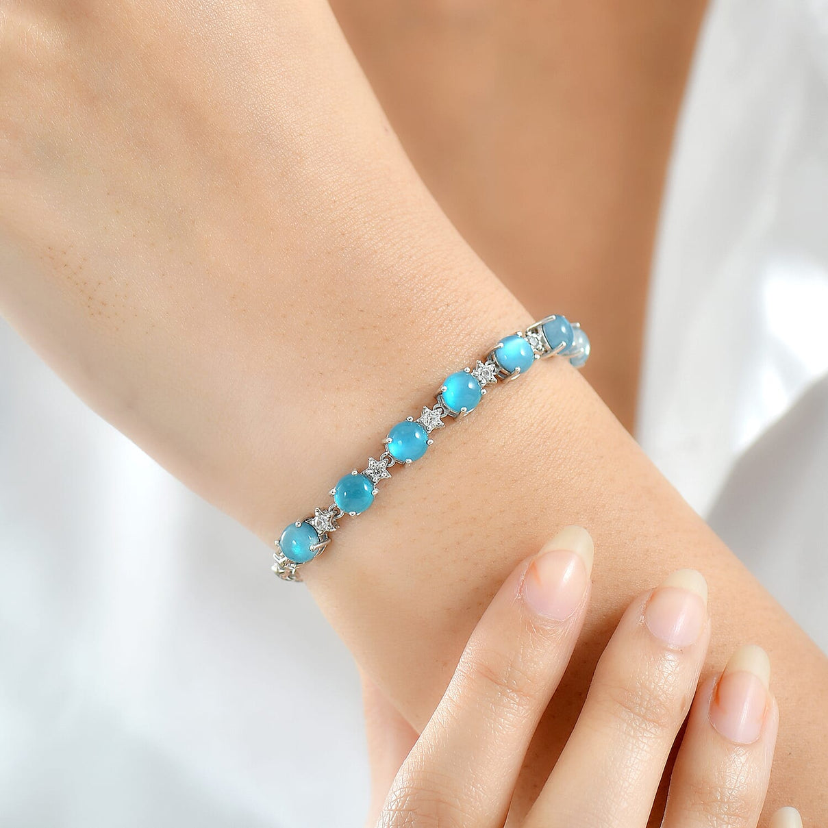 D'Joy Paraiba Moonstone, Natural Zircon Bracelet (Size 7.5) in Rhodium Overlay Sterling Silver 7.50 Ct. V32514901 3
