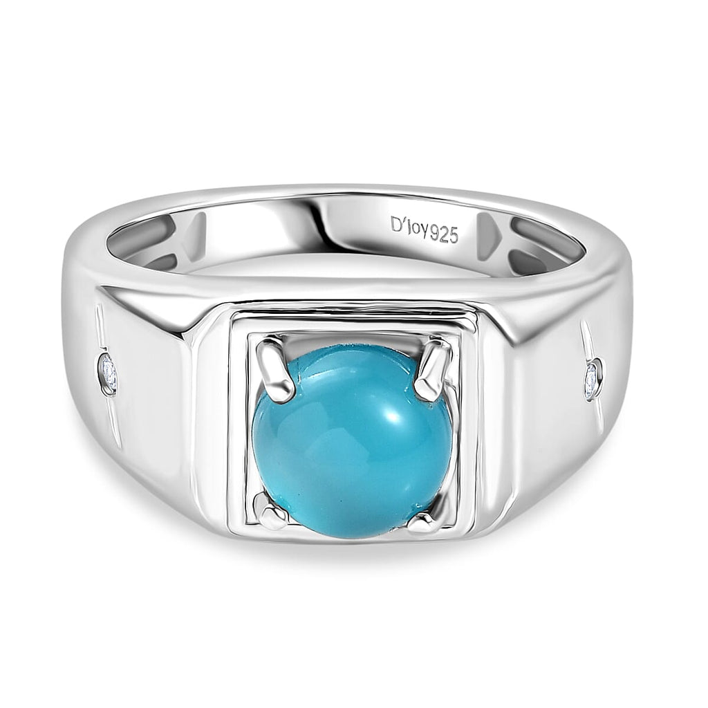 D'Joy Paraiba Moonstone & White Zircon Mens Ring in Platinum Overlay Sterling Silver 2.16 Ct, Silver Wt. 5.20 Gms.