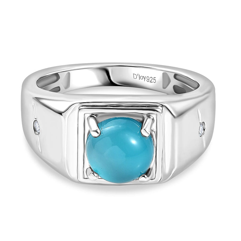 D'Joy Paraiba Moonstone & White Zircon Mens Ring in Platinum Overlay Sterling Silver 2.16 Ct, Silver Wt. 5.20 Gms.