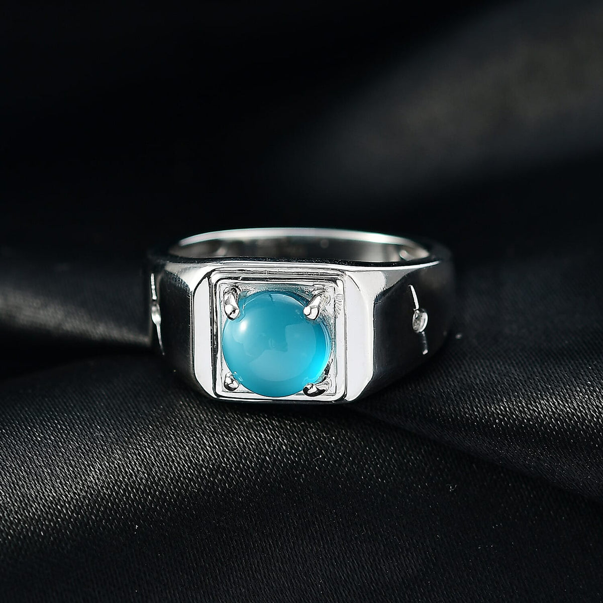 D'Joy Paraiba Moonstone &amp; White Zircon Mens Ring in Platinum Overlay Sterling Silver 2.16 Ct, Silver Wt. 5.20 Gms. 8324708 2