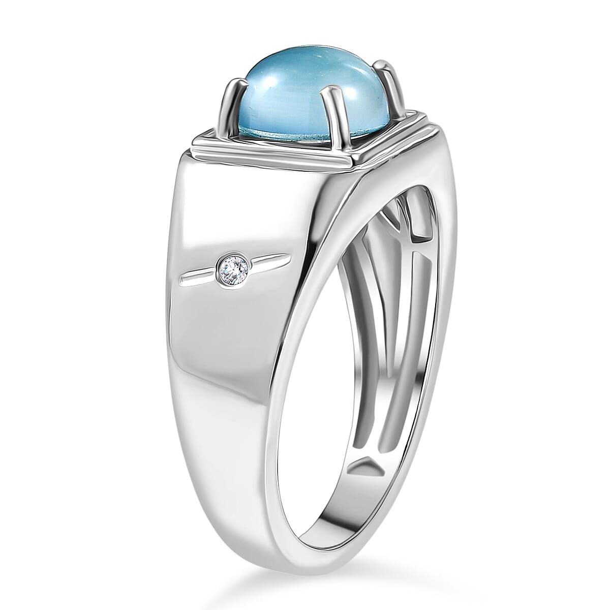 D'Joy Paraiba Moonstone &amp; White Zircon Mens Ring in Platinum Overlay Sterling Silver 2.16 Ct, Silver Wt. 5.20 Gms. 8324708 4