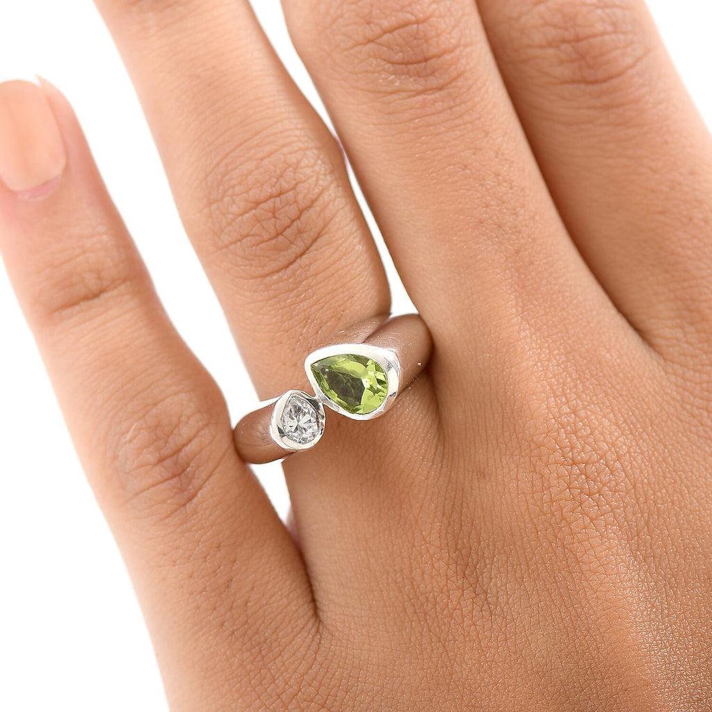 D'Joy Peridot & Moissanite Bypass Ring in Rhodium Overlay Sterling Silver 1.40 Ct.