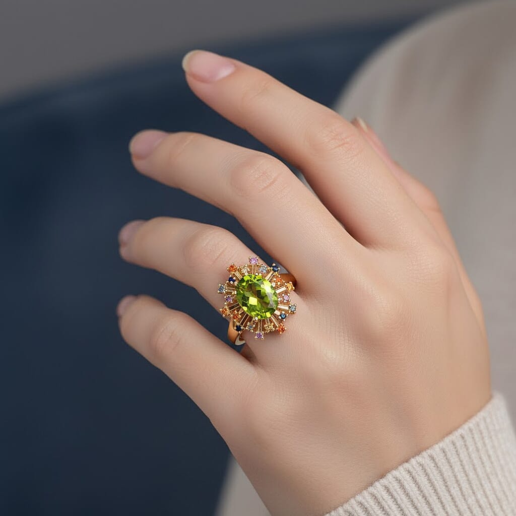 D'Joy Peridot & Multi Sapphire Cluster Ring in 18K Vermeil Yellow Gold Plated Sterling Silver 2.22 Ct.