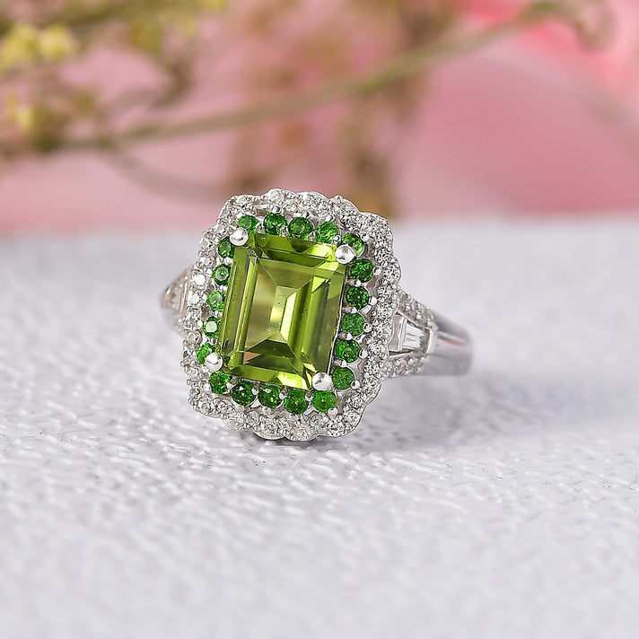 D'Joy Peridot, Natural Chrome Diopside &amp; White Zircon Solitaire Ring in Rhodium Overlay Sterling Silver 3.65 Ct. 8251552 2
