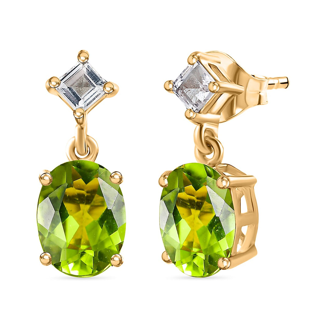 D'joy White Topaz & Natural Hebei Peridot Deco Earring with Push Back in Yellow Gold Plating Sterling Silver 3.15 Ct.