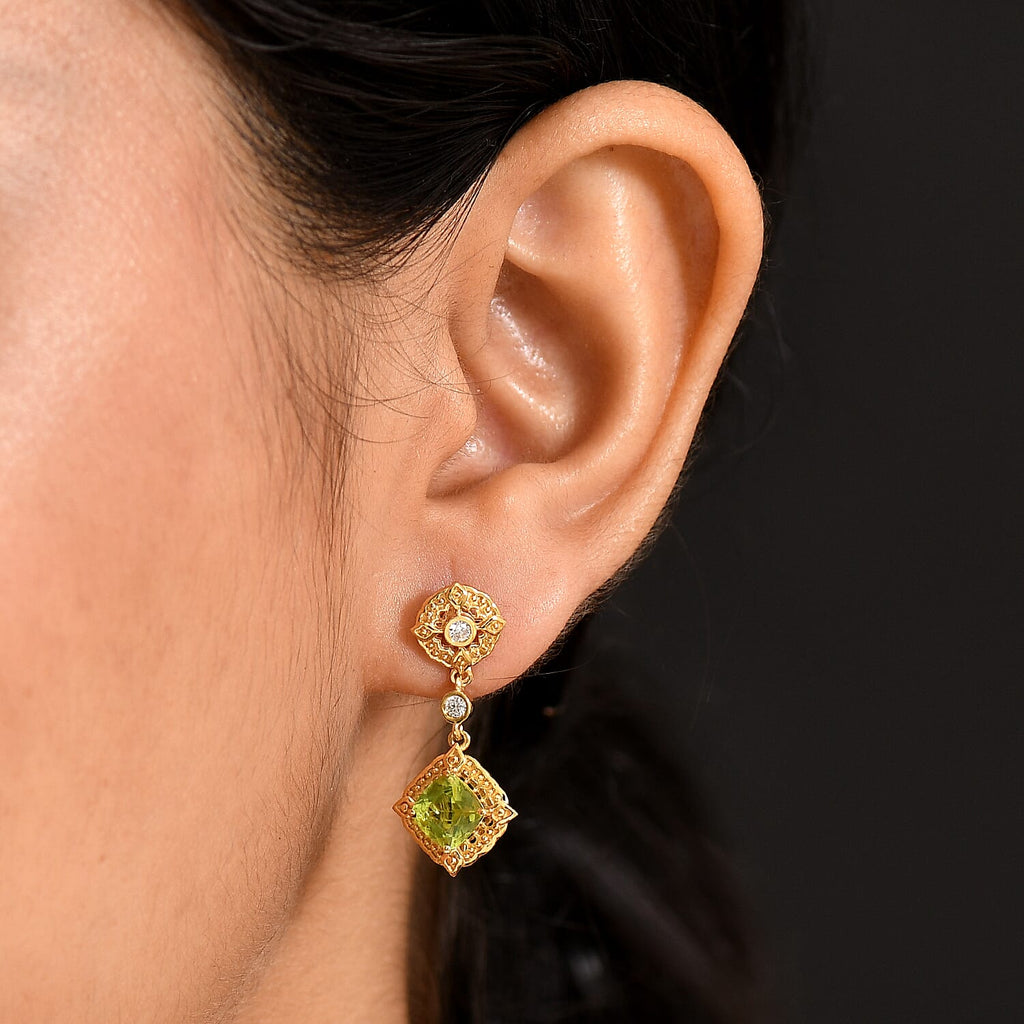 D'joy Natural Hebei Peridot & White Zircon Dangling Victorian Garden Twilight Earring with Push Back in Yellow Gold Plating Sterling Silver 2.46 Ct.