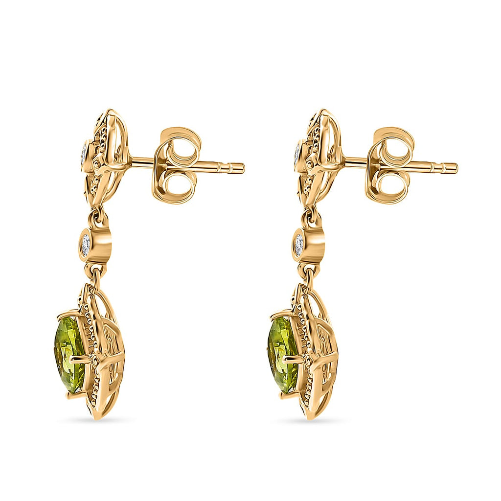 D'joy Natural Hebei Peridot & White Zircon Dangling Victorian Garden Twilight Earring with Push Back in Yellow Gold Plating Sterling Silver 2.46 Ct.