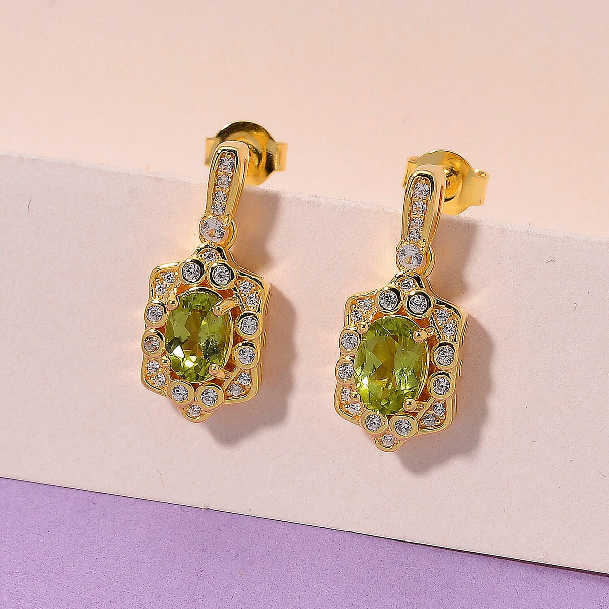 D'Joy Peridot &amp; White Zircon Earring with Push Back in Yellow Gold Plated Sterling Silver 1.89 Ct. 8309753 2