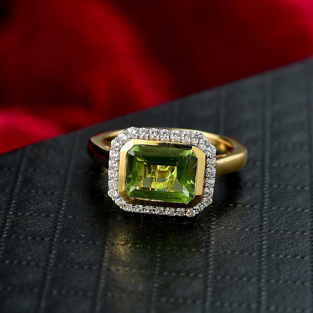 D'joy White Zircon & Deco Peridot Bloom Ring in 18K Yellow Gold Plating Sterling Silver 2.76 Ct.