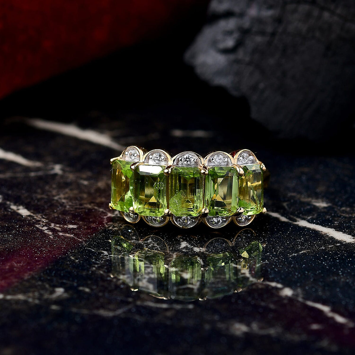 D'joy Natural Hebei Peridot, White Zircon Garden Row Ring in Yellow Gold Plated Sterling Silver 3.61 Ct. 8232703 1