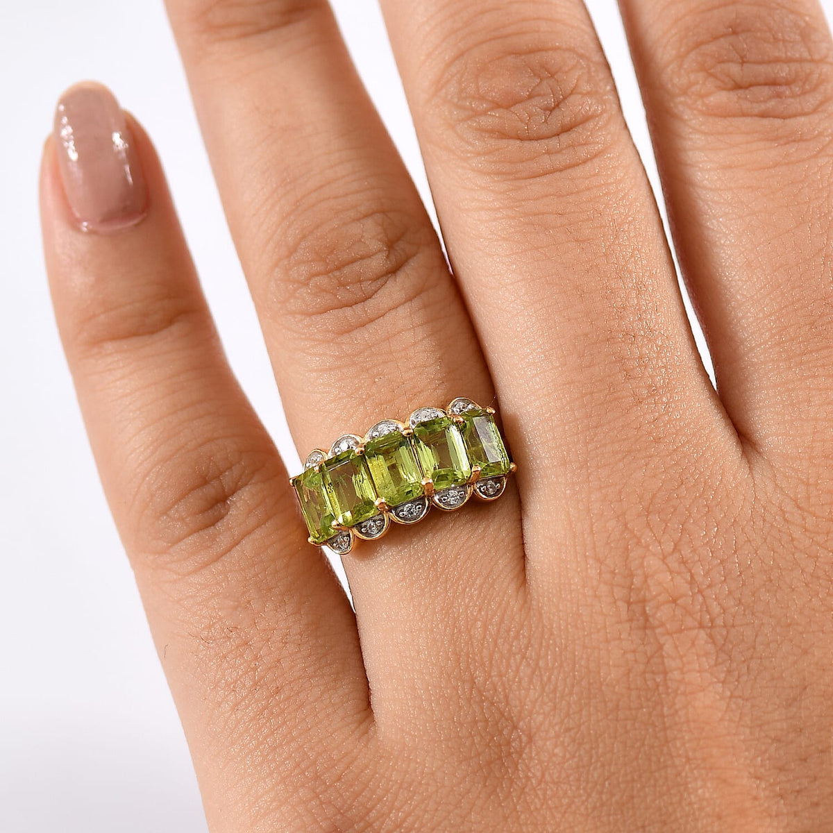 D'joy Natural Hebei Peridot, White Zircon Garden Row Ring in Yellow Gold Plated Sterling Silver 3.61 Ct. 8232703 2