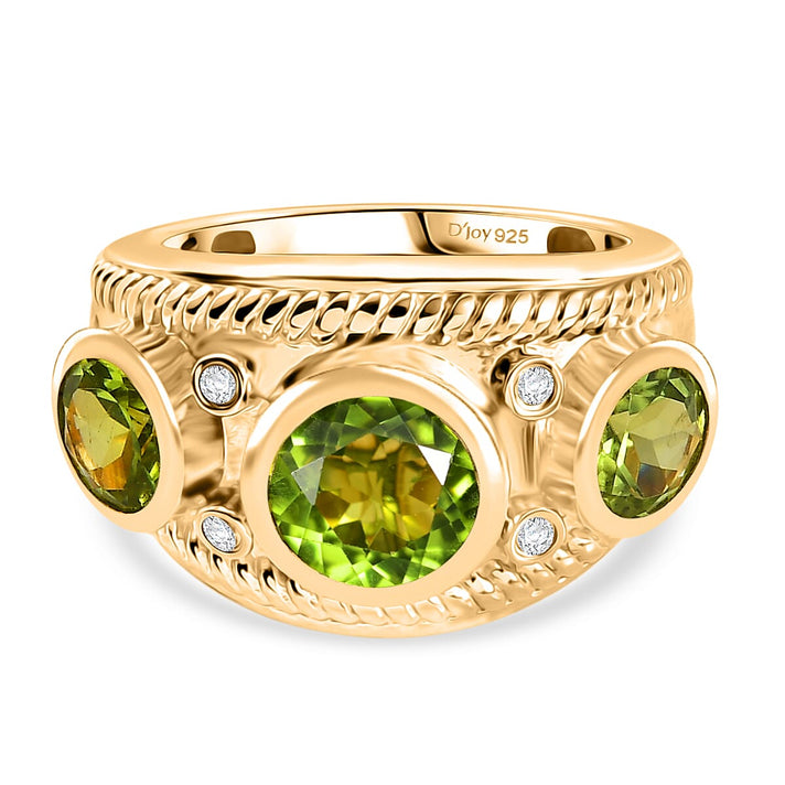 D'joy Natural Hebei Peridot, White Zircon Trilogy Ring in Yellow Gold Plated Sterling Silver 3.97 Ct. 8232792 1