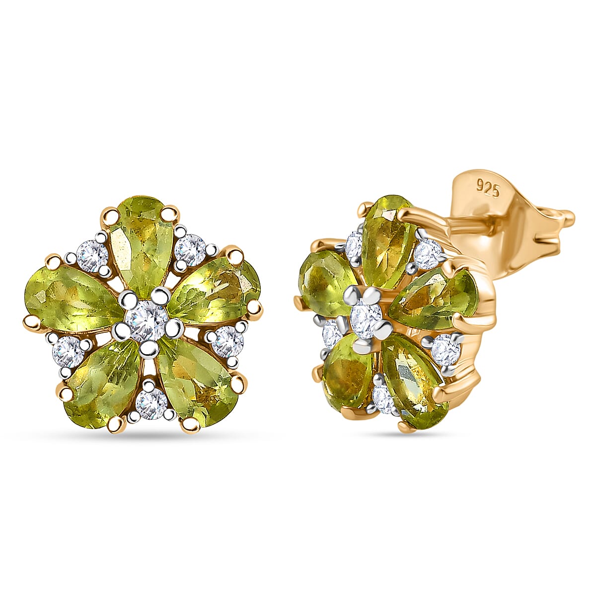 D'joy Natural Hebei Peridot &amp; White Zircon Solitaire Stud Push Post Meadow Bloom Earring in Yellow Gold Plating Sterling Silver 2.46 Ct. 8232679 0