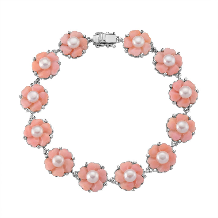 Queen Conch Shell &amp; White Fresh Water Pearl Bracelet (Size 7.5) in Rhodium Overlay Sterling Silver 36.31 Ct, Silver Wt. 12.00 Gms. 8245006 1