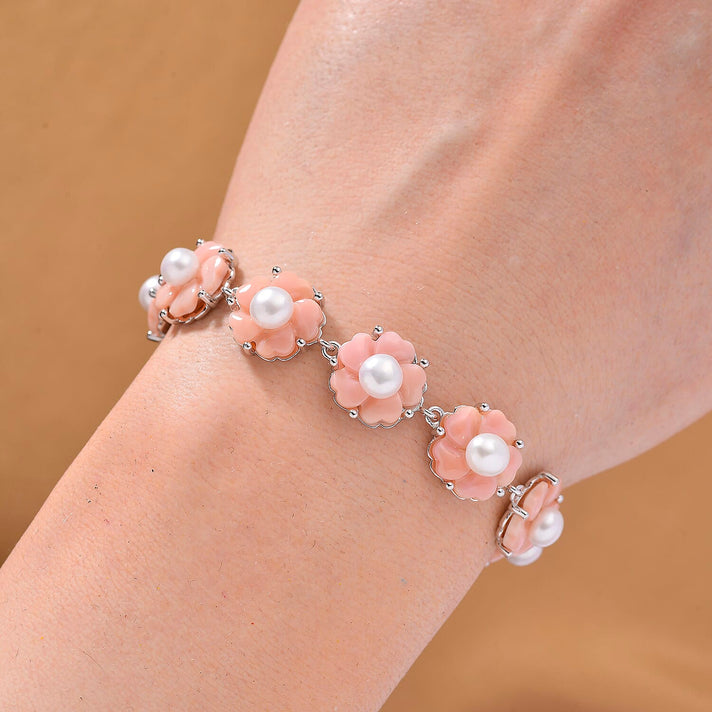 Queen Conch Shell &amp; White Fresh Water Pearl Bracelet (Size 7.5) in Rhodium Overlay Sterling Silver 36.31 Ct, Silver Wt. 12.00 Gms. 8245006 2