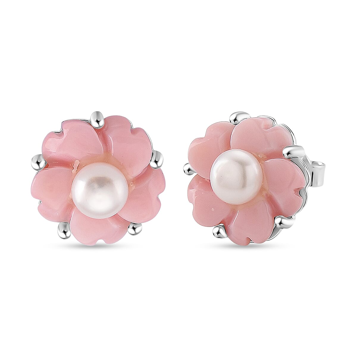 Queen Conch Shell &amp; White Fresh Water Pearl Earring with Push Back in Rhodium Overlay Sterling Silver 6.40 Ct. 8245031 0