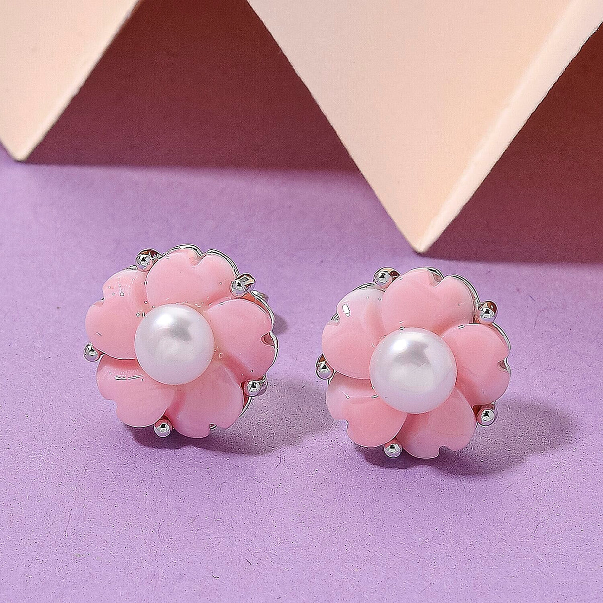 Queen Conch Shell &amp; White Fresh Water Pearl Earring with Push Back in Rhodium Overlay Sterling Silver 6.40 Ct. 8245031 2