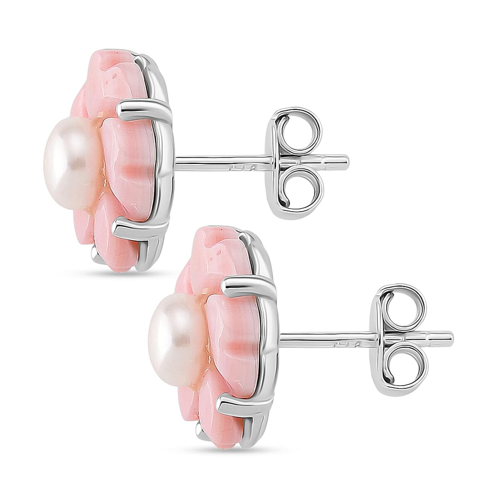 Queen Conch Shell & White Fresh Water Pearl Earring with Push Back in Rhodium Overlay Sterling Silver 6.40 Ct.