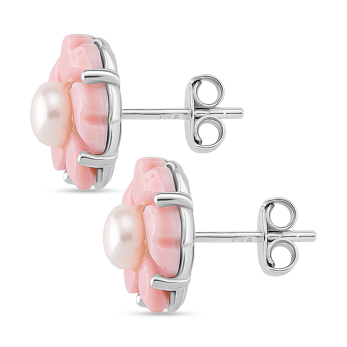 Queen Conch Shell &amp; White Fresh Water Pearl Earring with Push Back in Rhodium Overlay Sterling Silver 6.40 Ct. 8245031 4