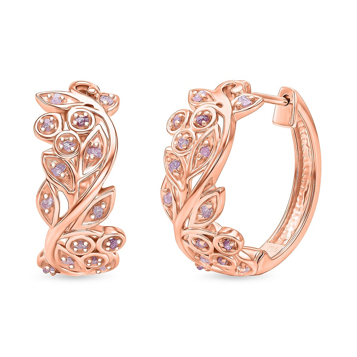 Brand New D'Joy Natural Pink Diamond Leaf Hoop Earrings with Clasp in 18K Rose Gold Vermeil Sterling Silver 0.25 Ct V32517828 0