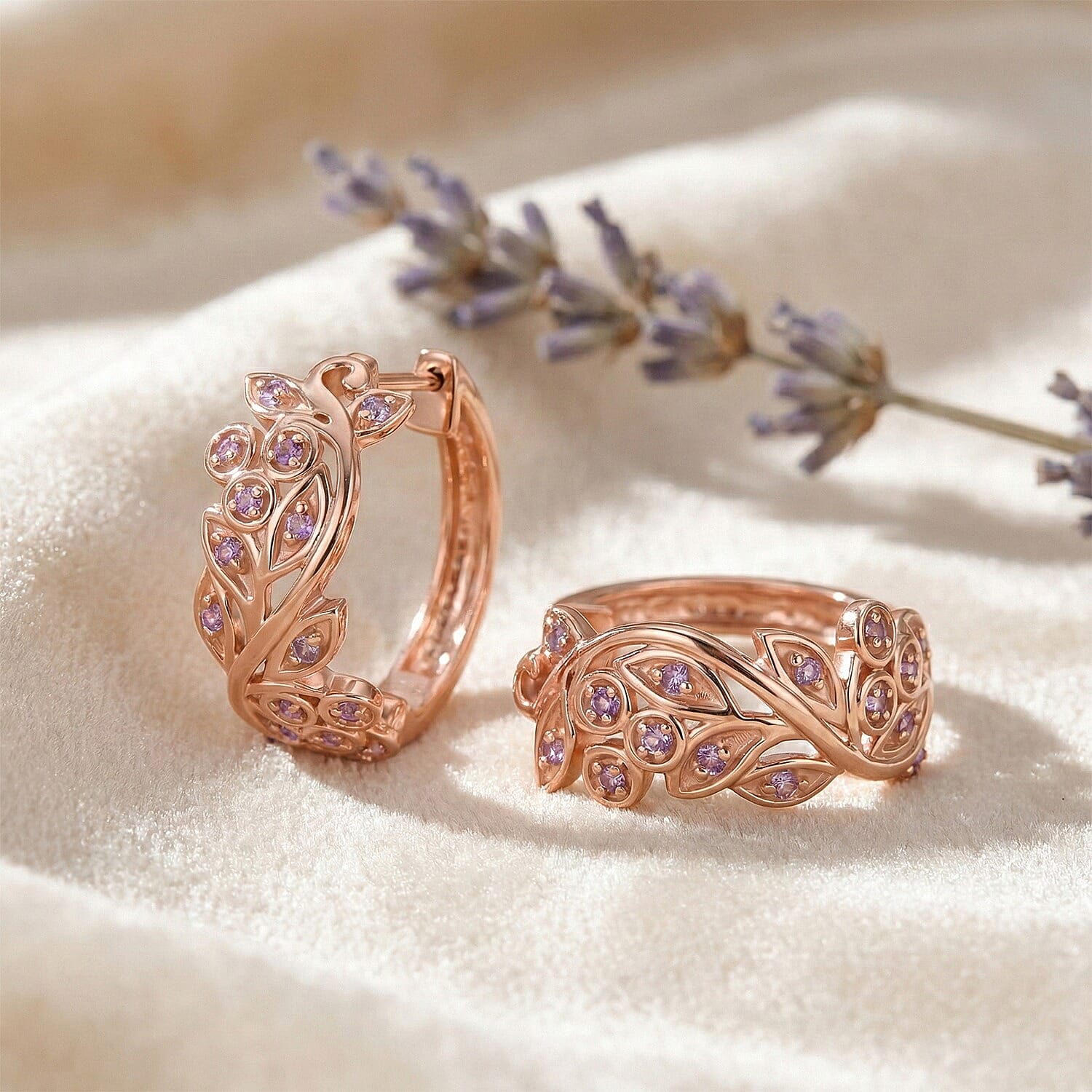 Brand New D'Joy Natural Pink Diamond Leaf Hoop Earrings with Clasp in 18K Rose Gold Vermeil Sterling Silver 0.25 Ct V32517828 3