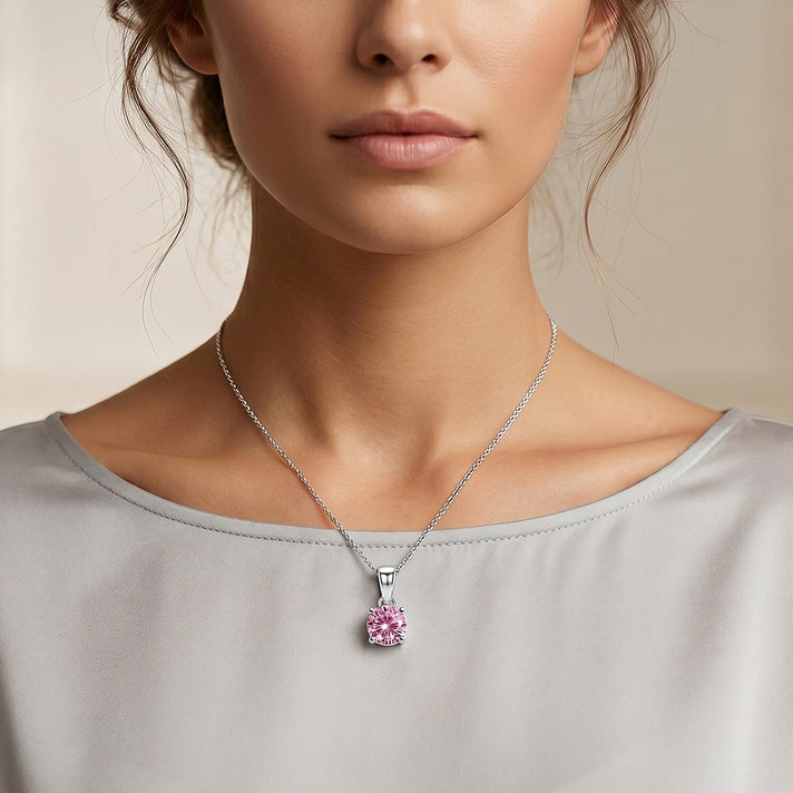D'Joy - Pink Moissanite Solitaire Pendant with Chain (Size - 18) in Rhodium Overlay Sterling Silver 9.40 Ct. 8556364 2