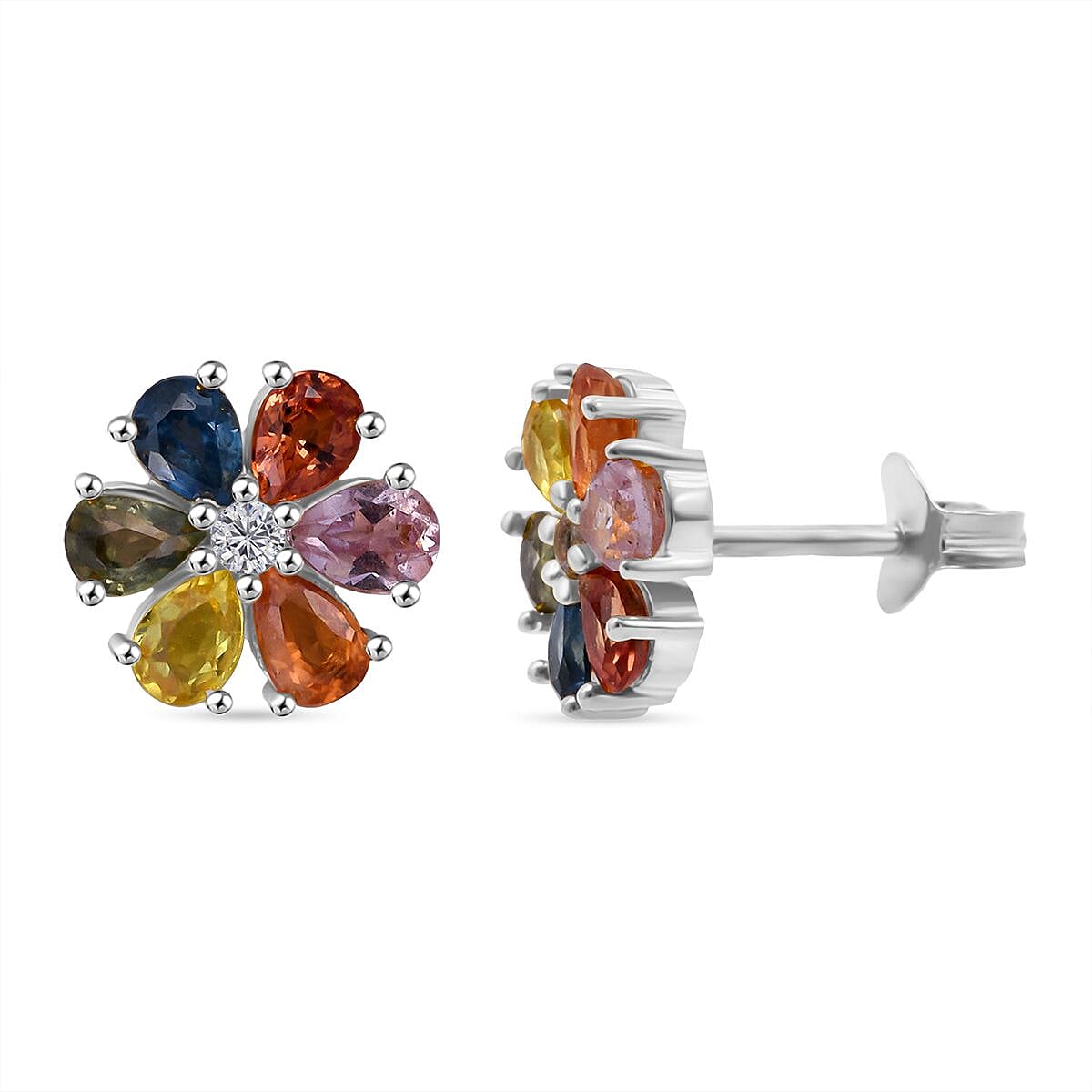 D'joy Multi Sapphire &amp; White Zircon Earring with Push Back in Rhodium Overlay Sterling Silver 2.39 Ct. 8257481 0