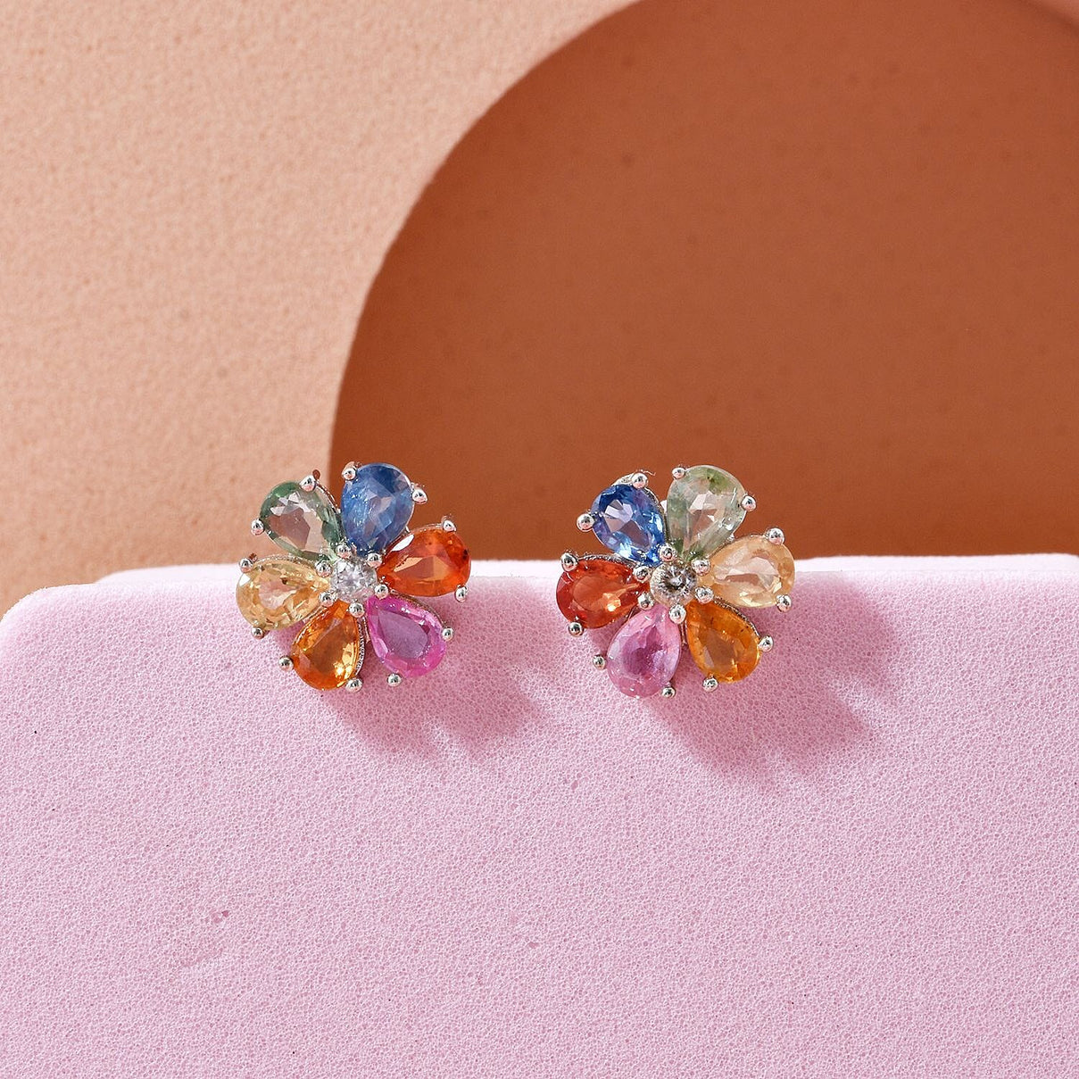 D'joy Multi Sapphire &amp; White Zircon Earring with Push Back in Rhodium Overlay Sterling Silver 2.39 Ct. 8257481 1