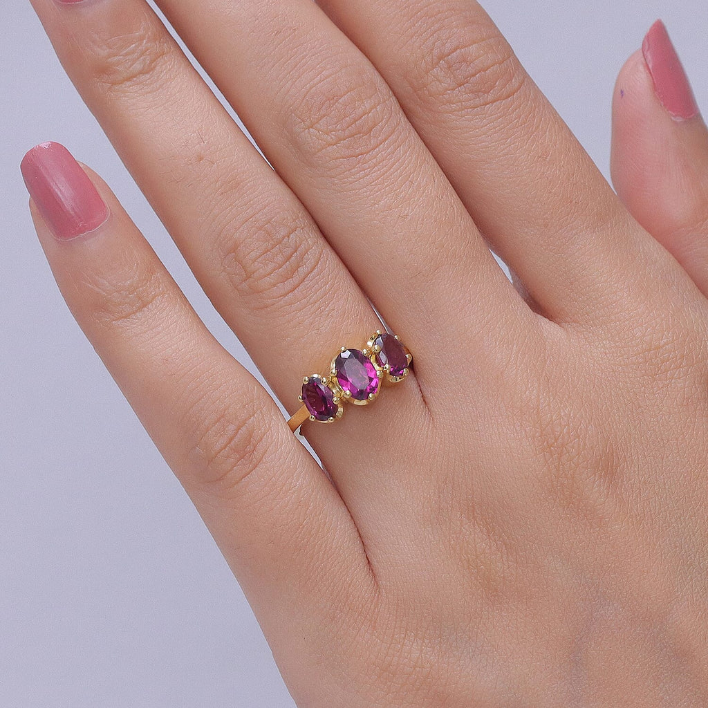 D'Joy - Natural Radiant Ember Garnet Trilogy Ring in 18K Vermeil Yellow Gold Plated Sterling Silver 2.10 Ct.